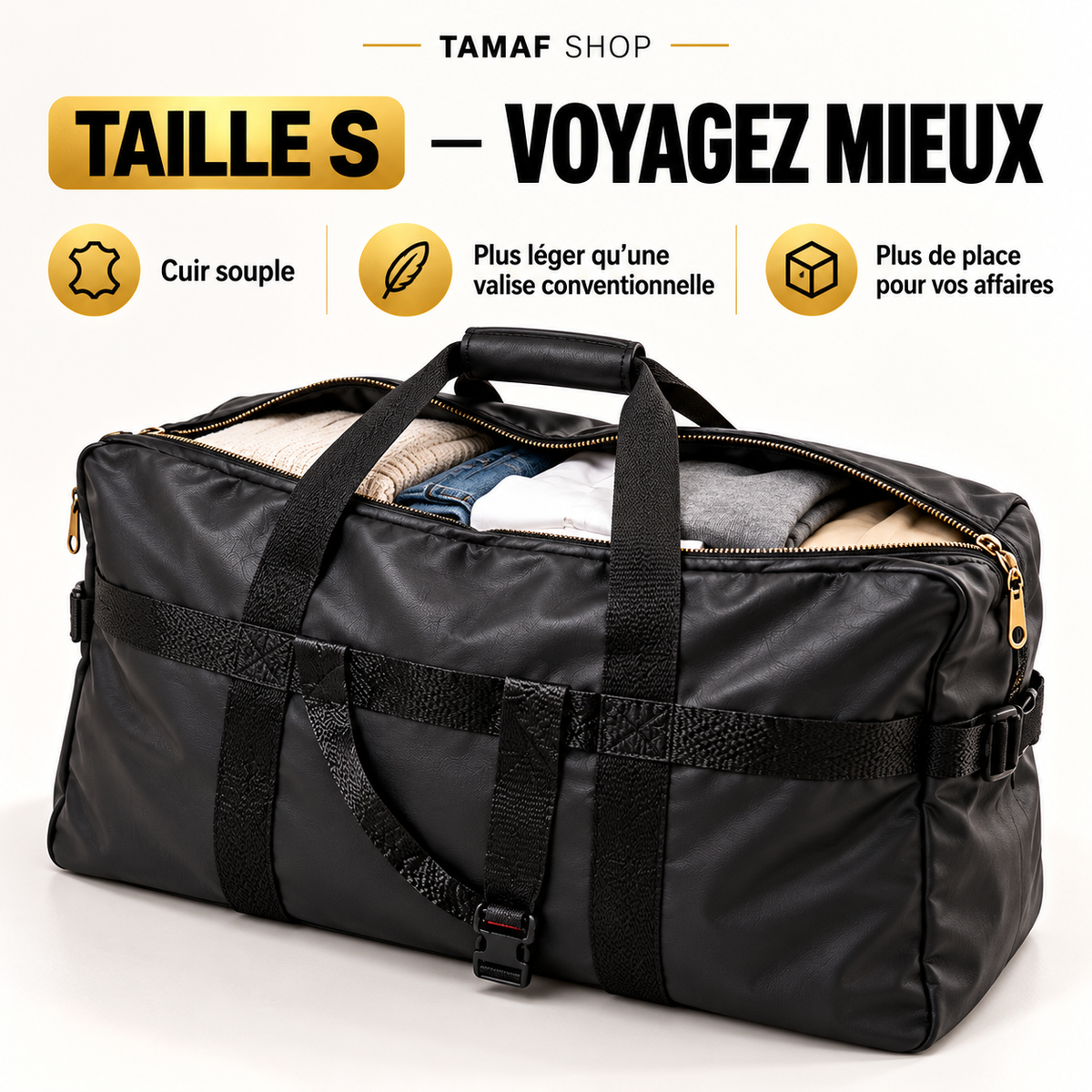Sac cargo noir robuste – 4 tailles | S, M, L, XL | Poignées et bandoulière